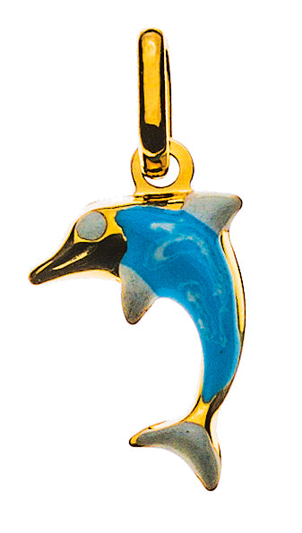 Anhänger Delfin Gelbgold 750 hellblau-weiß emailliert