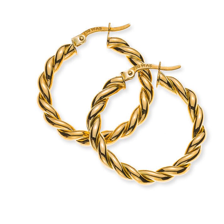 Kreolen Gelbgold 750, gekordelt, poliert, D: 28mm B: 3,5mm